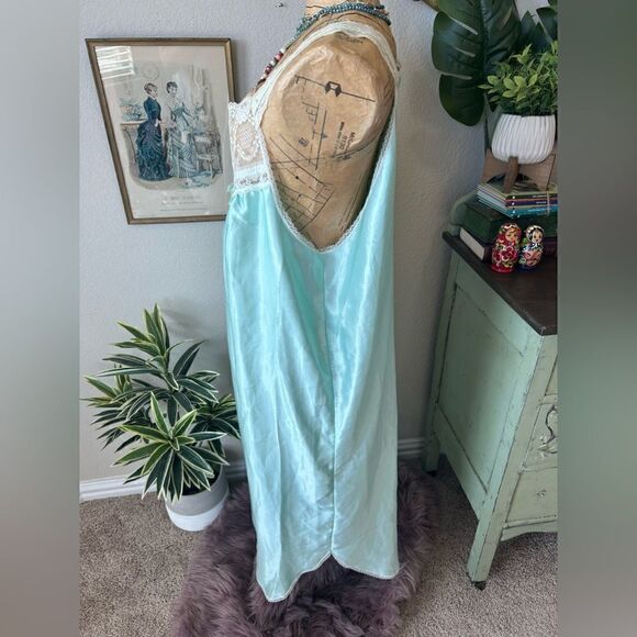 Vintage 80s Nicole Teal Blue Green Cream Lace Satin Maxi Night Gown L Coquette - Picture 11 of 16